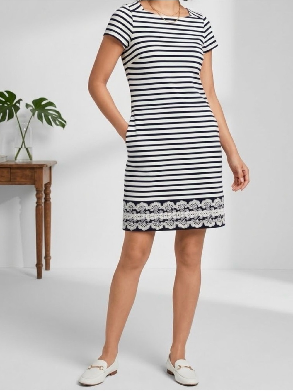 Talbots Nautical Shift Dress Lace Hem Detail Sz Large 12/14 Coastal Stripes